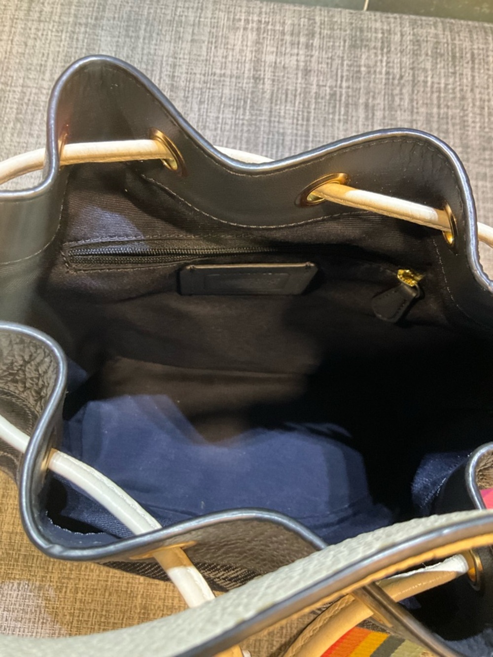 Coach Dempsey Navy Signature Bucket Bag with Tan Accents and Rainbow Strap - Picture 6 of 12